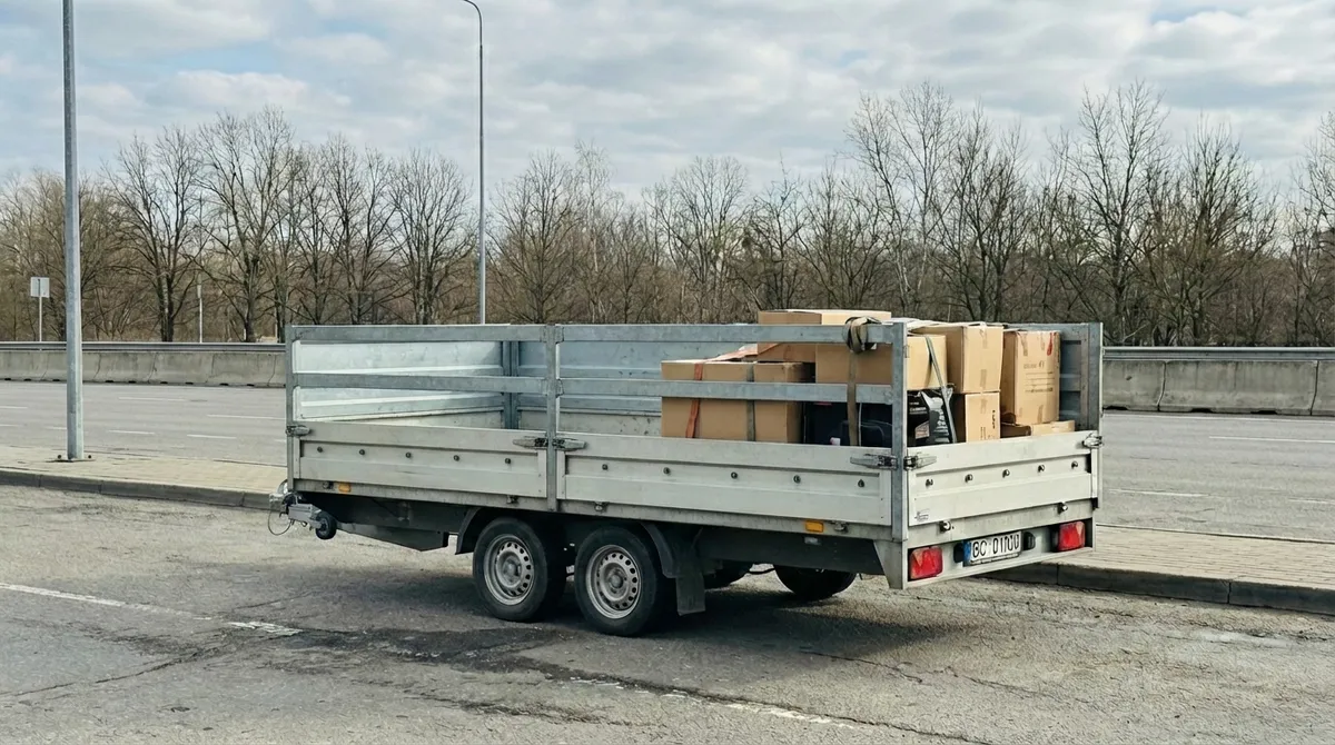 Atvira platforminė priekaba statybinėms medžiagoms be bortų